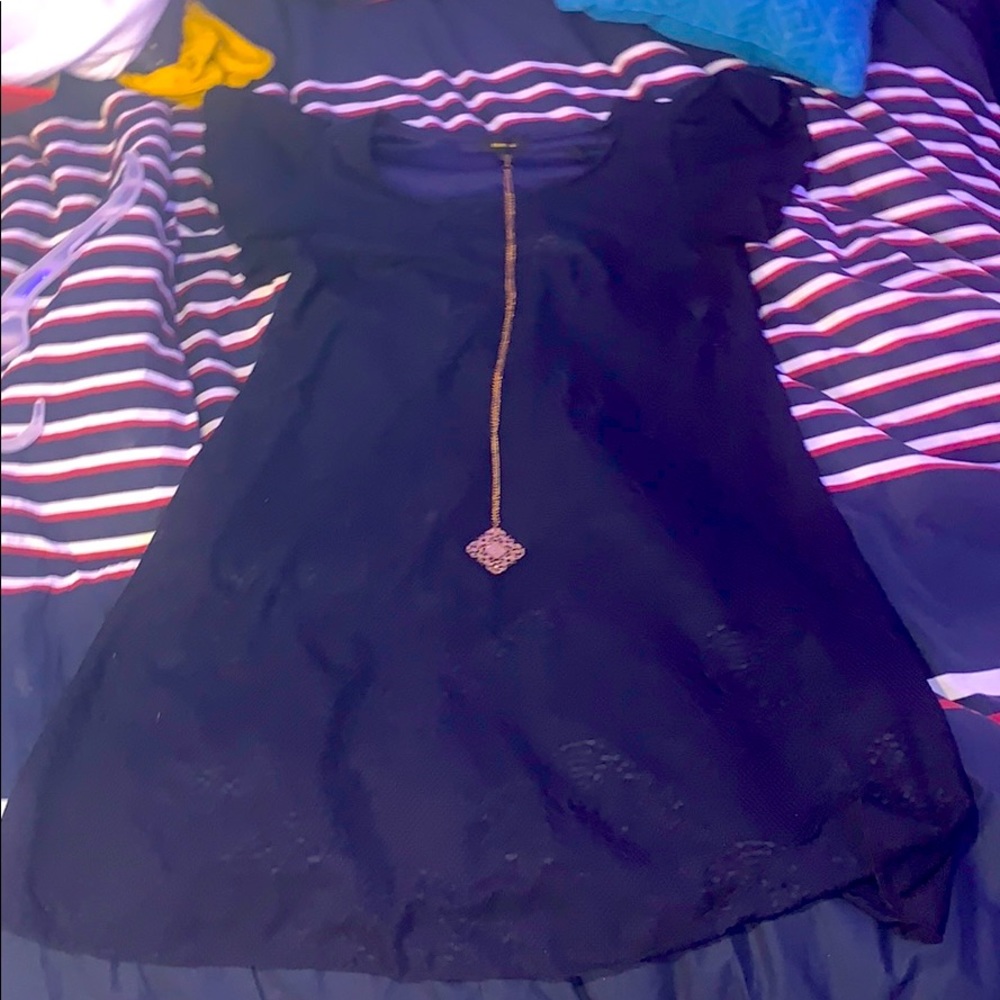 Off the shoulder dark blue dress with necklace